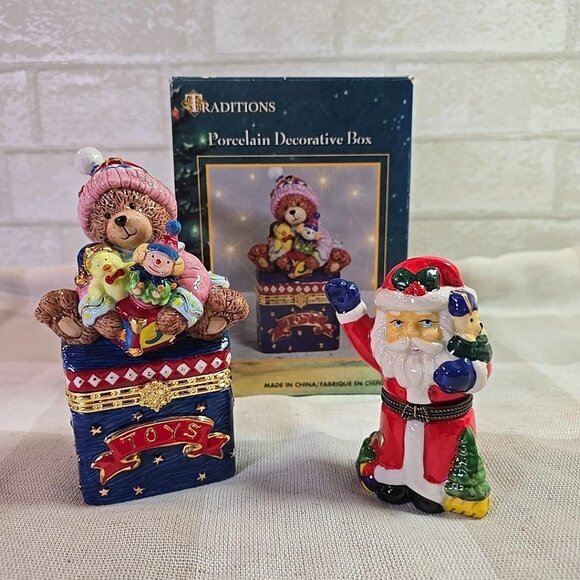 Set of 2 Porcelain Christmas Trinket Boxes ~ Teddy Bear w/ Toys and Santa - Picture 2 of 7